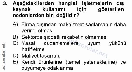 3. soru: Aşağıdakilerden hangisi işletmelerin dış kaynak kullanımı için gösterilen nedenlerden biri değildir? A) Firma dışında…