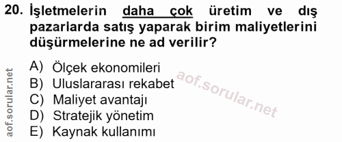 20. soru: Işletmelerin daha çok üretim ve dış pazarlarda satış yaparak birim maliyetlerini düşürmelerine ne ad verilir? A) Ölçe…