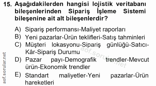 15. soru: Aşağıdakilerden hangisi lojistik veritabanı bileşenlerinden Sipariş İşleme Sistemi bileşenine ait alt bileşenlerdir?…