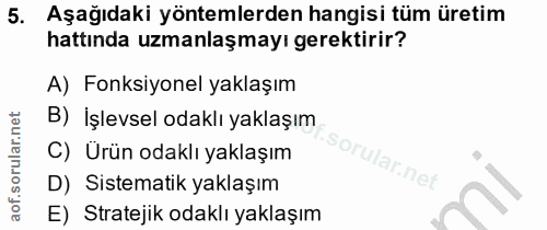 5. soru: Aşağıdaki yöntemlerden hangisi tüm üretim hattında uzmanlaşmayı gerektirir? A) Fonksiyonel yaklaşım B) İşlevsel odakl…