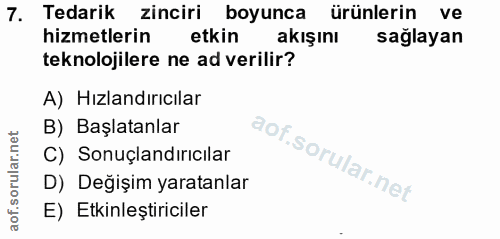 7. soru: Tedarik zinciri boyunca ürünlerin ve hizmetlerin etkin akışını sağlayan teknolojilere ne ad verilir? A) Hızlandırıcıl…