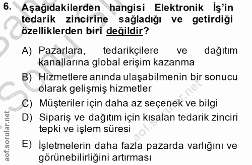 6. soru: Aşağıdakilerden hangisi Elektronik Iş'in tedarik zincirine sağladığı ve getirdiği özelliklerden biri değildir? A) Paz…