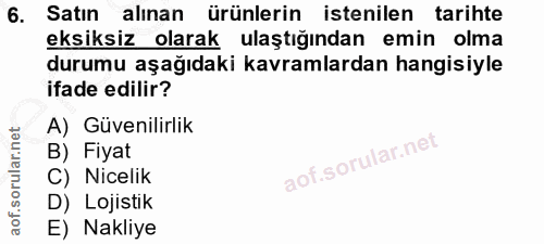 6. soru: Satın alınan ürünlerin istenilen tarihte eksiksiz olarak ulaştığından emin olma durumu aşağıdaki kavramlardan hangisi…