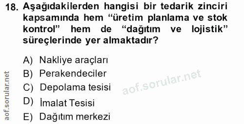 18. soru: Aşağıdakilerden hangisi bir tedarik zinciri kapsamında hem "üretim planlama ve stok kontrol" hem de "dağıtım ve lojis…