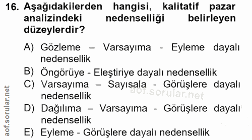 16. soru: Aşağıdakilerden hangisi, kalitatif pazar analizindeki nedenselliği belirleyen düzeylerdir? A) Gözleme - Varsayıma - E…