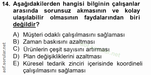 14. soru: Aşağıdakilerden hangisi bilginin çalışanlar arasında sorunsuz akmasının ve kolay ulaşılabilir olmasının faydalarından…