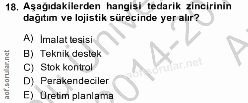 18. soru: Aşağıdakilerden hangisi tedarik zincirinin dağıtım ve lojistik sürecinde yer alır? A) Imalat tesisi B) Teknik destek…