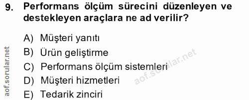 9. soru: Performans ölçüm sürecini düzenleyen ve destekleyen araçlara ne ad verilir? A) Müşteri yanıtı C) Performans ölçüm sis…