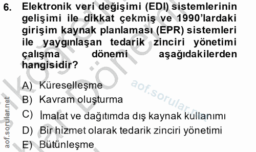 6. soru: Elektronik veri değişimi (EDI) sistemlerinin gelişimi ile dikkat çekmiş ve 1990'lardaki girişim kaynak planlaması (EP…