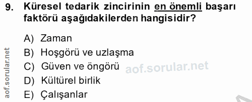 9. soru: Küresel tedarik zincirinin en önemli başarı faktörü aşağıdakilerden hangisidir? A) Zaman B) Hoşgörü ve uzlaşma C) Güv…
