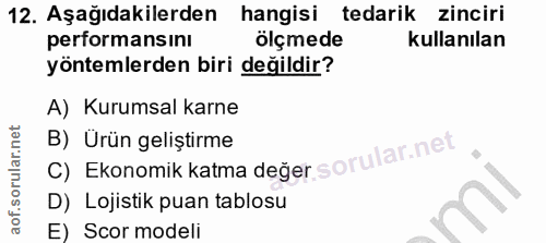 12. soru: Aşağıdakilerden hangisi tedarik zinciri pertormansını ölçmede kullanılan yöntemlerden biri değildir? A) Kurumsal karn…