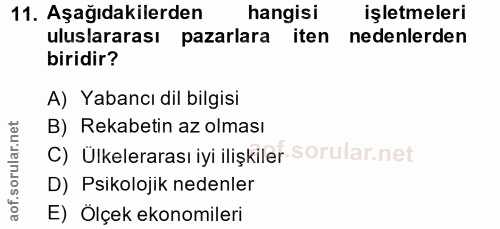 11. soru: Aşağıdakilerden hangisı işletmeleri uluslararası pazarlara iten nedenlerden biridir? A) Yabancı dil bilgisi B) Rekabe…
