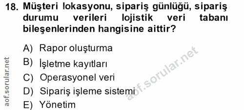 18. soru: Müşteri lokasyonu, sipariş günlüğü, sipariş durumu verileri lojistik veri tabanı bileşenlerinden hangisine aittir? A)…