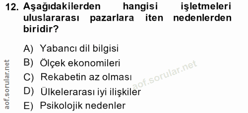 12. soru: Aşağıdakilerden hangisı işletmeleri uluslararası pazarlara iten nedenlerden biridir? A) Yabancı dil bilgisi B) Ölçek…