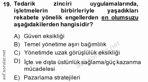 19. soru: Tedarik zinciri uygulamalarında, işletmelerin birbirleriyle yaşadıkları rekabete yönelik engellerden en olumsuzu aşağ…