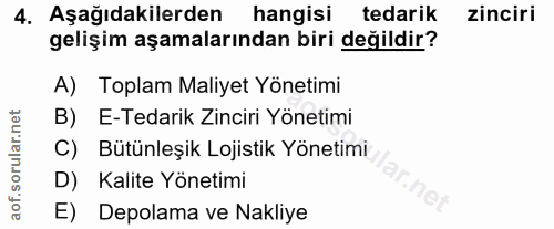 4. soru: Aşağıdakilerden hangisi tedarik zinciri gelişim aşamalarından biri değildir? A) Toplam Maliyet Yönetimi B) E-Tedarik…