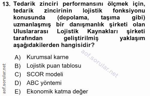 13. soru: Tedarik zinciri performansını ölçmek için, tedarik zincirinin lojistik fonksiyonu konusunda (depolama, taşıma gibi) u…