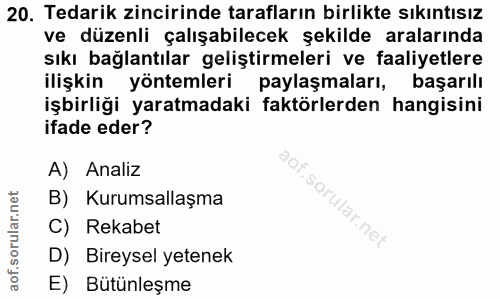20. soru: Tedarik zincirinde tarafların birlikte sıkıntısız ve düzenli çalışabilecek şekilde aralarında sıkı bağlantılar gelişt…