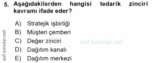 5. soru: Aşağıdakilerden hangisi tedarik zinciri kavramı ifade eder? A) Stratejik işbirliği B) Müşteri çemberi C) Değer zincir…
