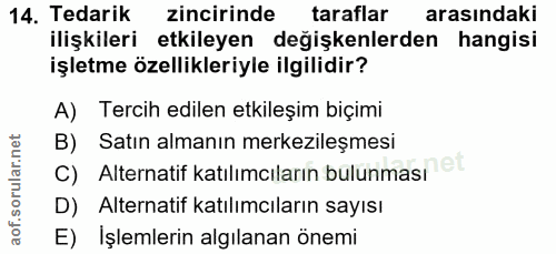 14. soru: Tedarik zincirinde taraflar arasındaki ilişkileri etkileyen değişkenlerden hangisi işletme özellikleriyle ilgilidir?…