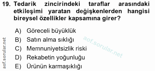 19. soru: Tedarik zincirindeki taraflar arasındaki etkileşimi yaratan değişkenlerden hangisi bireysel özellikler kapsamına gire…