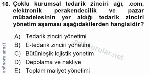 16. soru: Çoklu kurumsal tedarik zinciri ağı, .com, elektronik perakendecilik ve pazar mübadelesinin yer aldığı tedarik zinciri…
