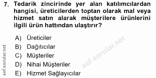 7. soru: Tedarik zincirinde yer alan katılımcılardan hangisi, üreticilerden toptan olarak mal veya hizmet satın alarak müşteri…