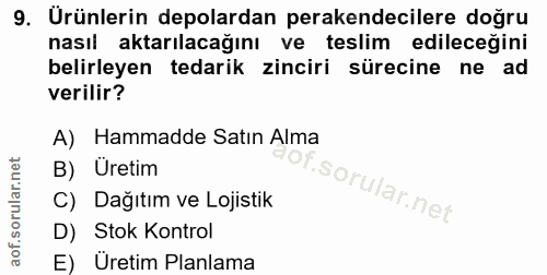 9. soru: Urünlerin depolardan perakendecilere doğru nasıl aktarılacağını ve teslim edileceğini belirleyen tedarik zinciri süre…