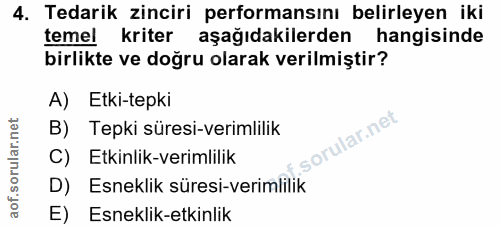 4. soru: Tedarik zinciri performansını belirleyen iki temel kriter aşağıdakilerden hangisinde birlikte ve doğru olarak verilmi…