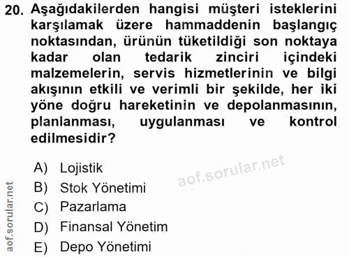 20. soru: Aşağıdakilerden hangisi müşteri isteklerini karşılamak üzere hammaddenin başlangıç noktasından, ürünün tüketildiği so…