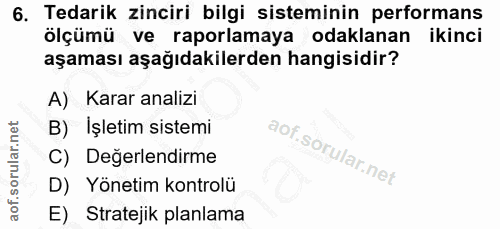 6. soru: Tedarik zinciri bilgi sisteminin performans ölçümü ve raporlamaya odaklanan ikinci aşaması aşağıdakilerden hangisidir…