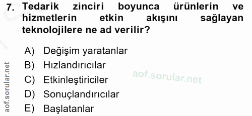 7. soru: Tedarik zinciri boyunca ürünlerin ve hizmetlerin etkin akışını sağlayan teknolojilere ne ad verilir? A) Değişim yarat…