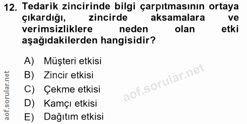 12. soru: Tedarik zincirinde bilgi çarpıtmasının ortaya çıkardığı, zincirde aksamalara ve verimsizliklere neden olan etki aşağı…