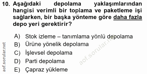 10. soru: Aşağıdaki depolama yaklaşımlarından hangisi verimli bir toplama ve paketleme işi sağlarken, bir başka yönteme göre da…