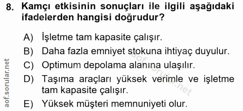 8. soru: Kamçı etkisinin sonuçları ile ilgili aşağıdaki ifadelerden hangisi doğrudur? A) Işletme tam kapasite çalışır. B) Daha…