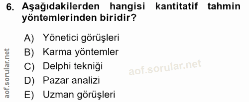 6. soru: Aşağıdakilerden hangisi kantitatif tahmin yöntemlerinden biridir? A) Yönetici görüşleri B) Karma yöntemler C) Delphi…