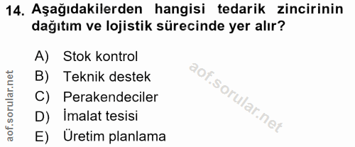 14. soru: Aşağıdakilerden hangisi tedarik zincirinin dağıtım ve lojistik sürecinde yer alır? A) Stok kontrol B) Teknik destek C…