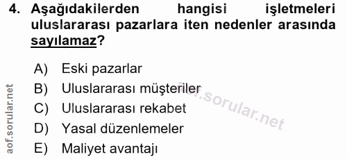 4. soru: Aşağıdakilerden hangisi işletmeleri uluslararası pazarlara iten nedenler arasında sayılamaz? A) Eski pazarlar B) Ulus…