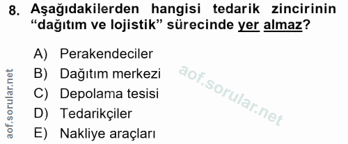 8. soru: Aşağıdakilerden hangisi tedarik zincirinin "dağıtım ve lojistik" sürecinde yer almaz? A) Perakendeciler B) Dağıtım me…