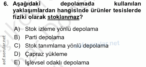 6. soru: Aşağıdaki depolamada kullanılan yaklaşımlardan hangisinde ürünler tesislerde fiziki olarak stoklanmaz? A) Stok izleme…