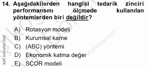 14. soru: Aşağıdakilerden hangisi tedarik zinciri performansını ölçmede kullanılan yöntemlerden biri değildir? A) Rotasyon mode…