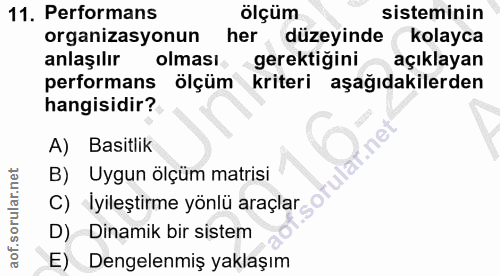 11. soru: Performans ölçüm sisteminin organizasyonun her düzeyinde kolayca anlaşılır olması gerektiğini açıklayan performans öl…