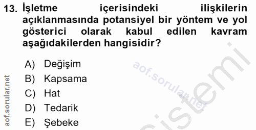 13. soru: İşletme içerisindeki ilişkilerin açıklanmasında potansiyel bir yöntem ve yol gösterici olarak kabul edilen kavram aşa…