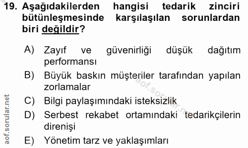 19. soru: Aşağıdakilerden hangisi tedarik zinciri bütünleşmesinde karşılaşılan sorunlardan biri değildir? A) Zayıf ve güvenirli…