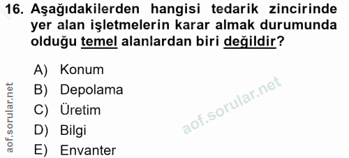 16. soru: Aşağıdakilerden hangisi tedarik zincirinde yer alan işletmelerin karar almak durumunda olduğu temel alanlardan biri d…