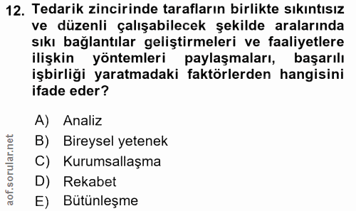 12. soru: Tedarik zincirinde tarafların birlikte sıkıntısız ve düzenli çalışabilecek şekilde aralarında sıkı bağlantılar gelişt…