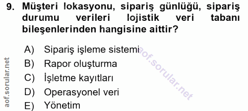 9. soru: Müşteri lokasyonu, sipariş günlüğü, sipariş durumu verileri lojistik veri tabanı bileşenlerinden hangisine aittir? A)…
