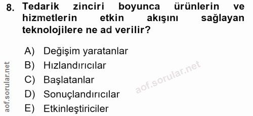 8. soru: Tedarik zinciri boyunca ürünlerin ve hizmetlerin etkin akışını sağlayan teknolojilere ne ad verilir? A) Değişim yarat…
