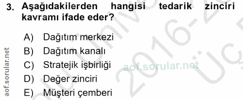 3. soru: Aşağıdakilerden hangisi tedarik zinciri kavramı ifade eder? A) Dağıtım merkezi B) Dağıtım kanalı C) Stratejik işbirli…