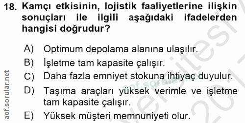 18. soru: Kamçı etkisinin, lojistik faaliyetlerine ilişkin sonuçları ile ilgili aşağıdaki ifadelerden hangisi doğrudur? A) Opti…